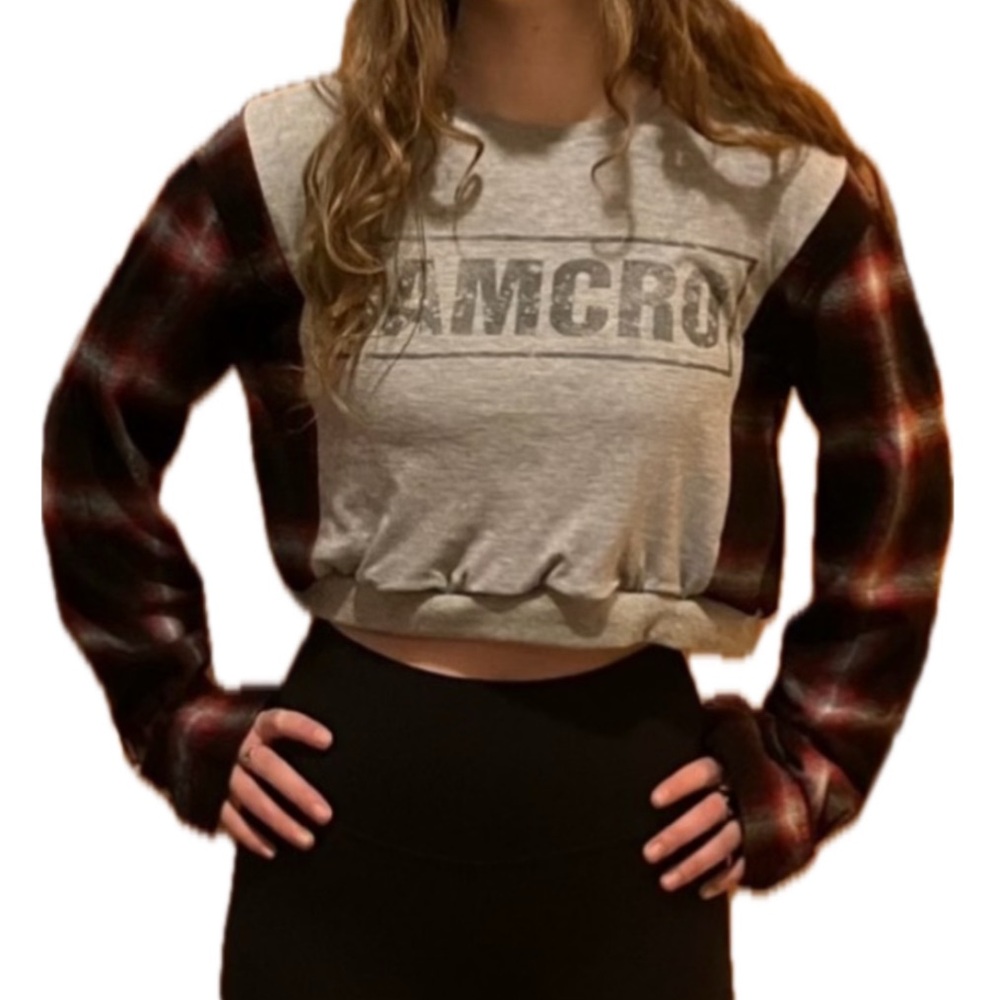 Upcycled SAMCRO Sons of Anarchy Handmade Gray Crop Top Long Sleeve Flannel